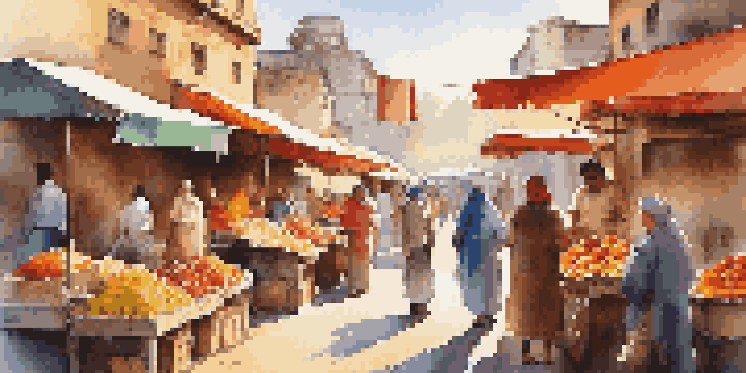 A bustling outdoor market with colorful stalls filled with fruits and crafts, where people are interacting under warm sunlight.