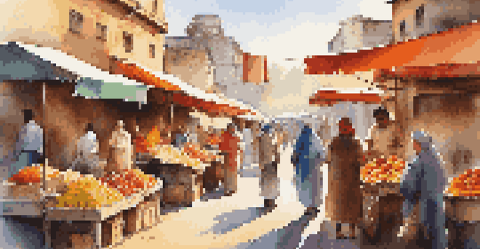 A bustling outdoor market with colorful stalls filled with fruits and crafts, where people are interacting under warm sunlight.