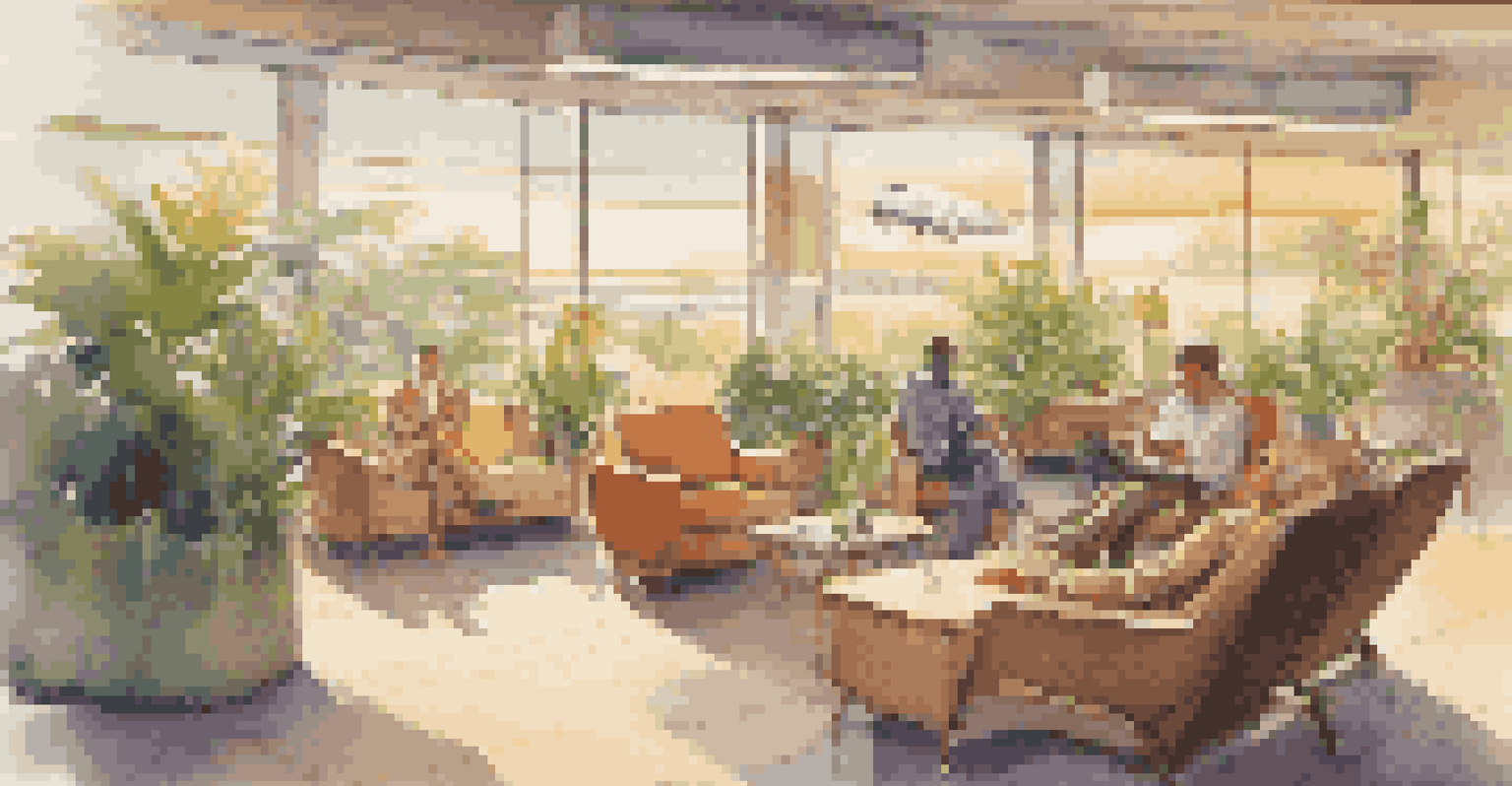 A peaceful airport lounge with relaxed travelers, comfortable seating, and warm lighting.