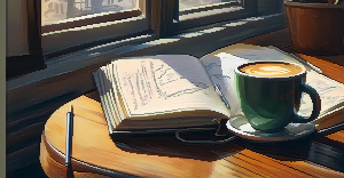 A travel journal on a table with a cup of coffee, showing handwritten notes and sketches, illuminated by soft morning light.
