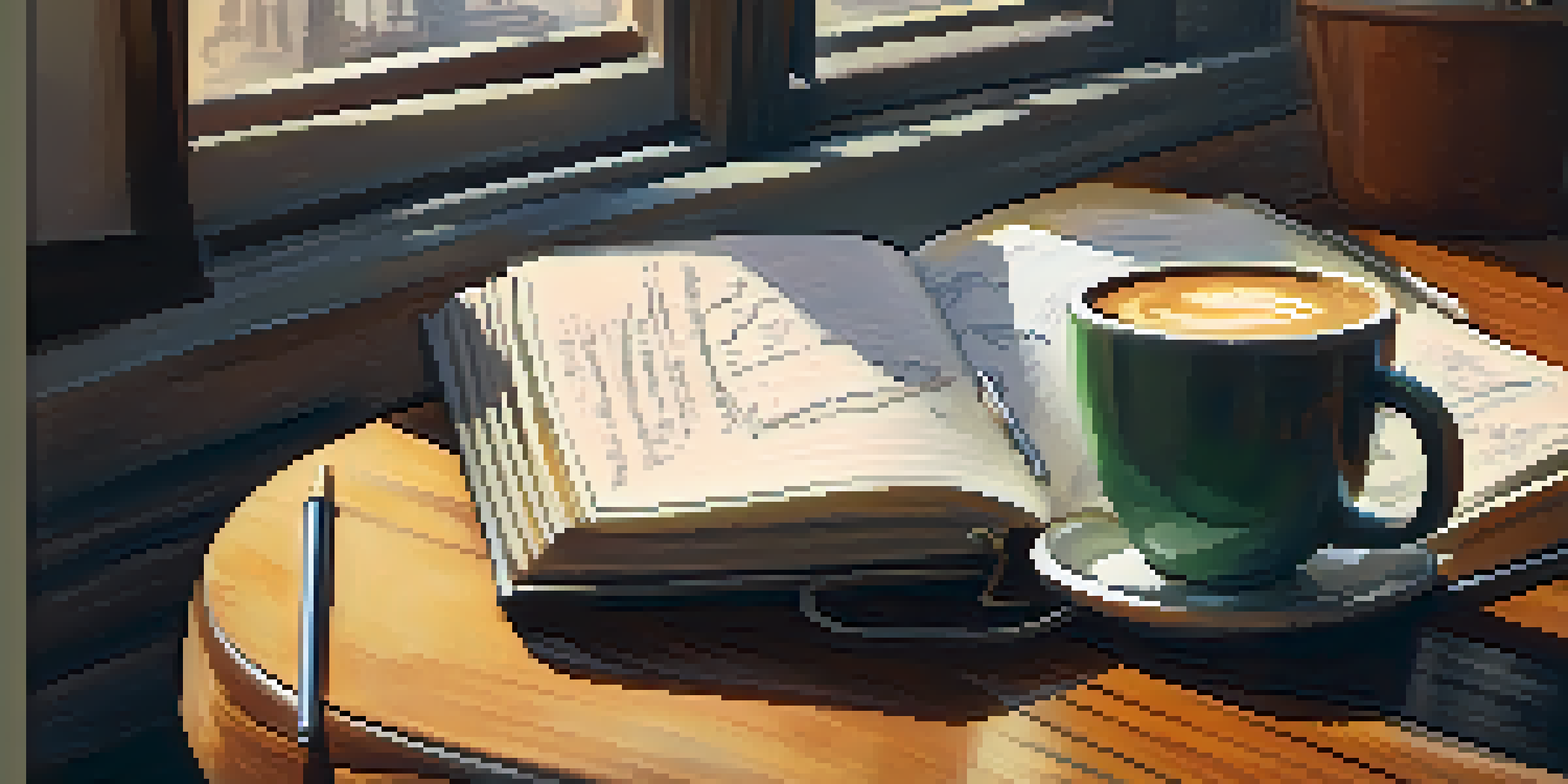 A travel journal on a table with a cup of coffee, showing handwritten notes and sketches, illuminated by soft morning light.