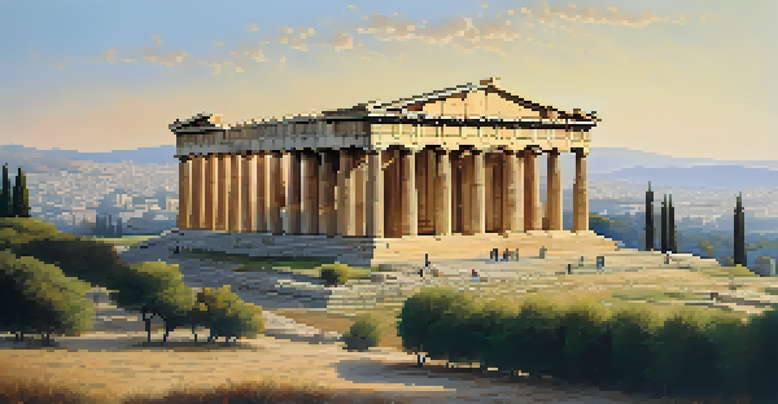 The Parthenon in Athens, Greece, illuminated by golden hour light, with visitors admiring the ancient structure against a clear blue sky.