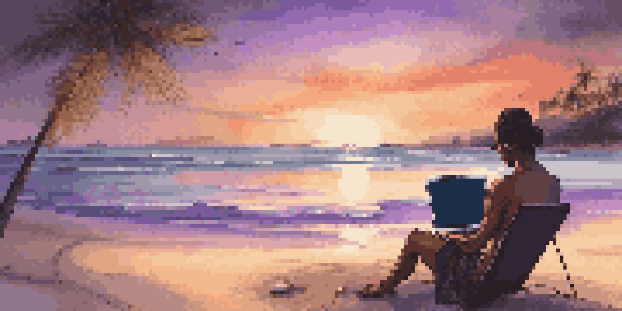 A digital nomad working on a laptop under a palm tree at a beach during sunset, with colorful sky and gentle waves.