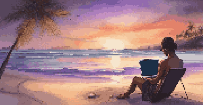 A digital nomad working on a laptop under a palm tree at a beach during sunset, with colorful sky and gentle waves.