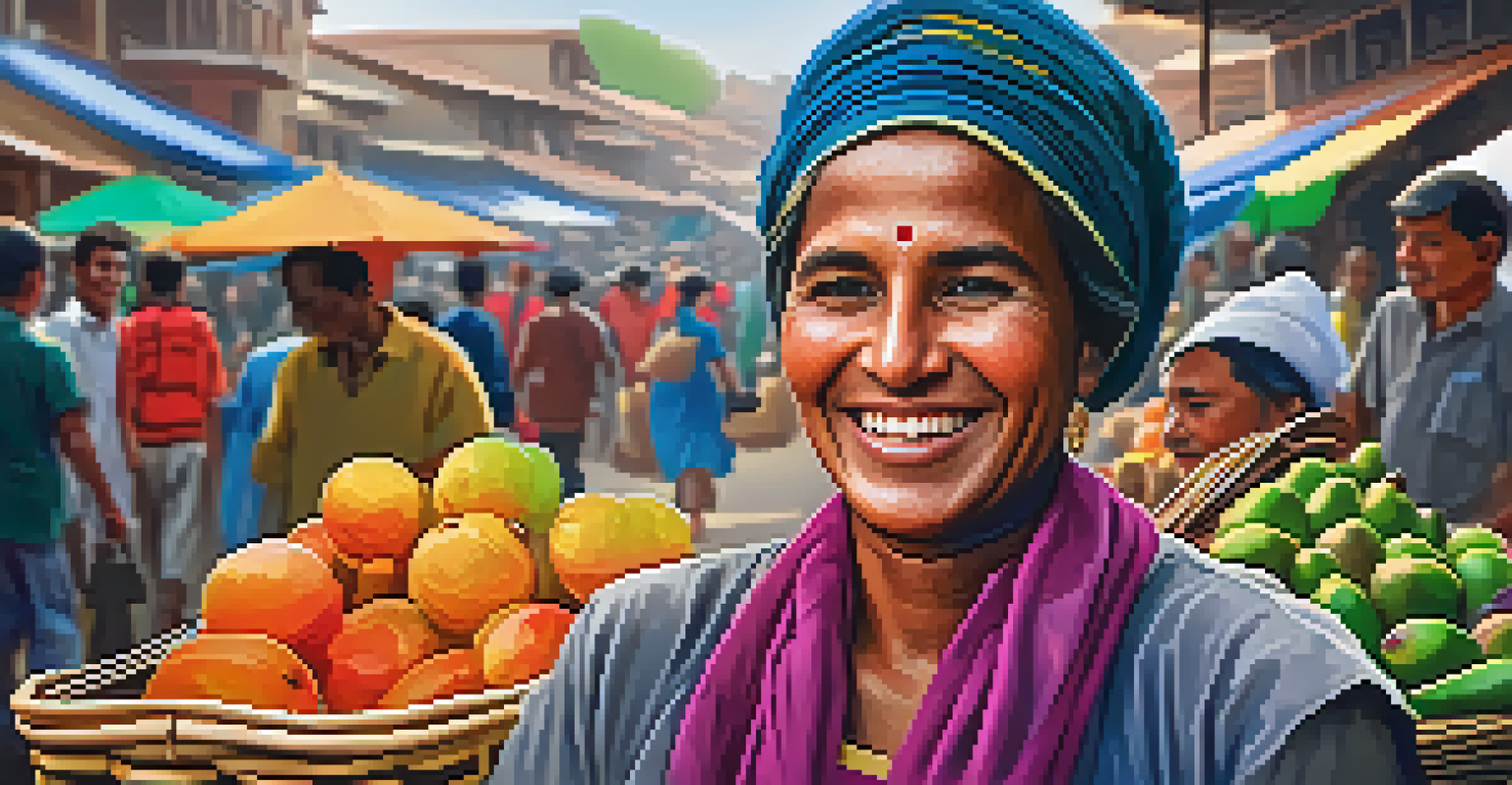A local vendor in traditional attire smiles while holding a handwoven basket filled with fruits in a busy market.