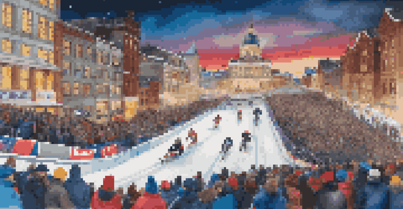 Athletes racing down an icy track during the Red Bull Crashed Ice event in an urban setting, with spectators cheering and colorful lights.