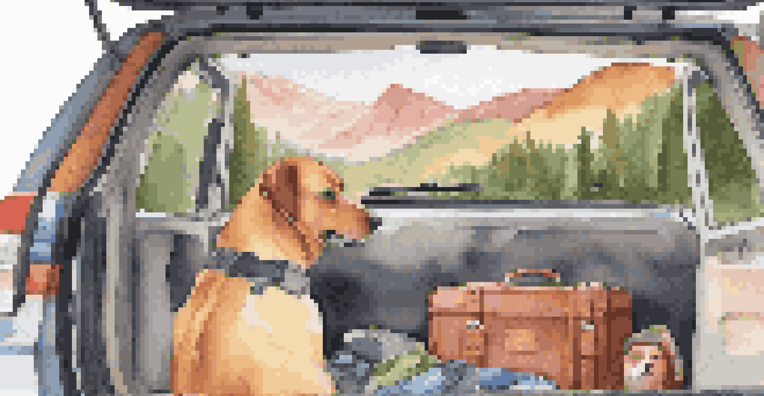 A dog peeking out of a car window during a family road trip with mountains in the background.