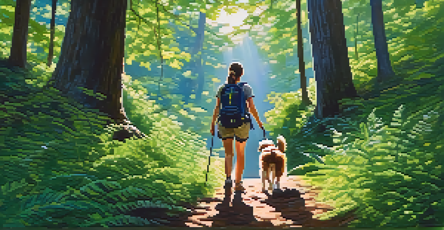 A person hiking in a forest with a dog in a backpack carrier, surrounded by greenery and blue sky.