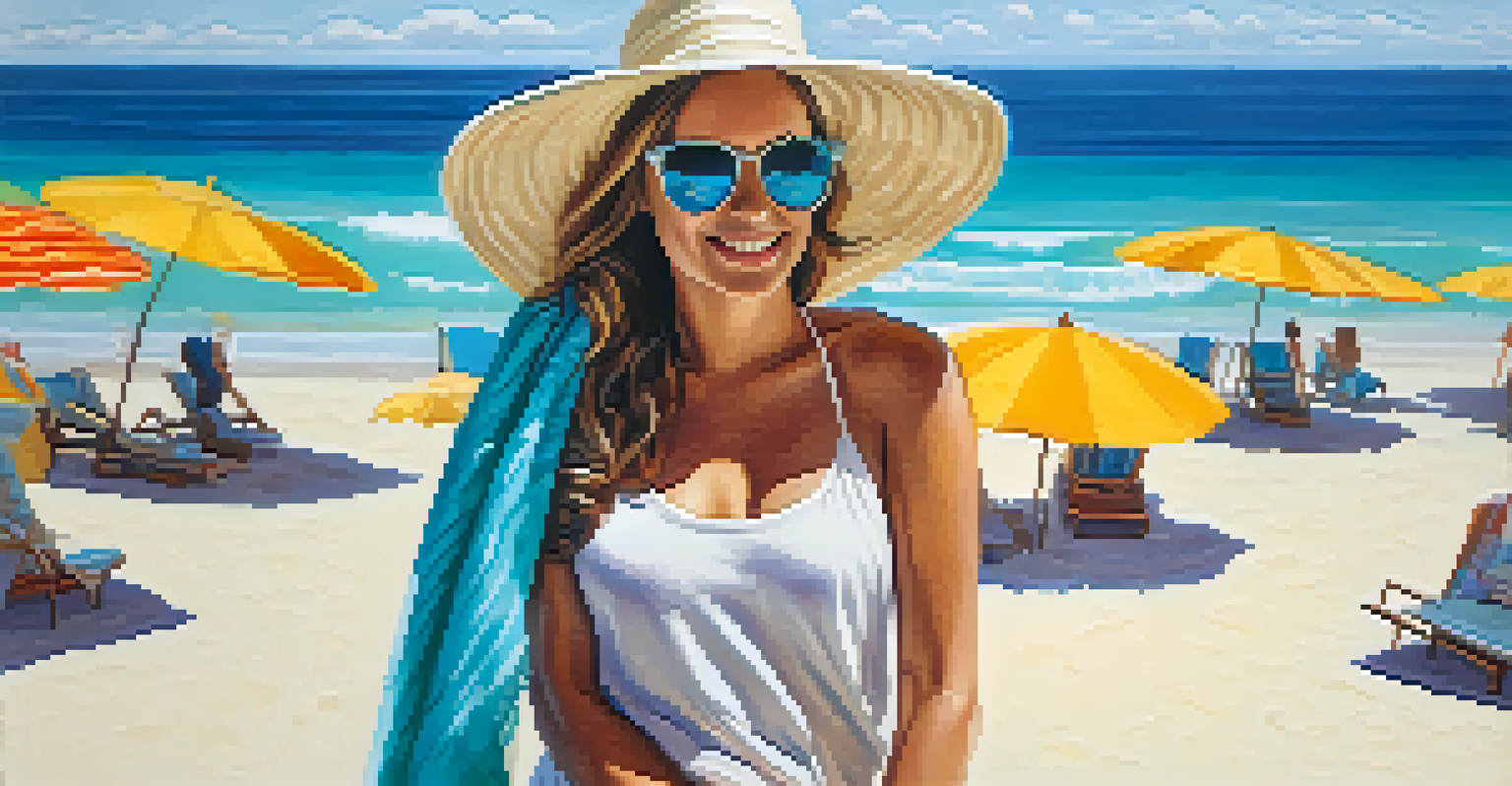 A traveler at the beach wearing a sun hat and sunglasses, with a scarf around their neck, against a backdrop of turquoise water and white sand.