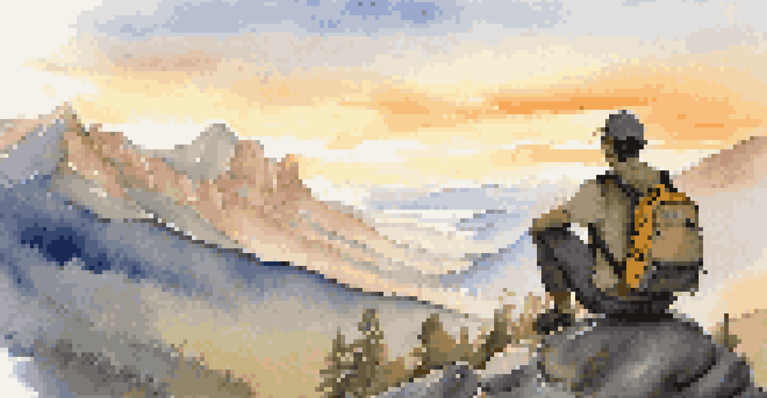 A traveler in layered clothing enjoying a sunset view from a rocky ledge, with a backpack nearby.