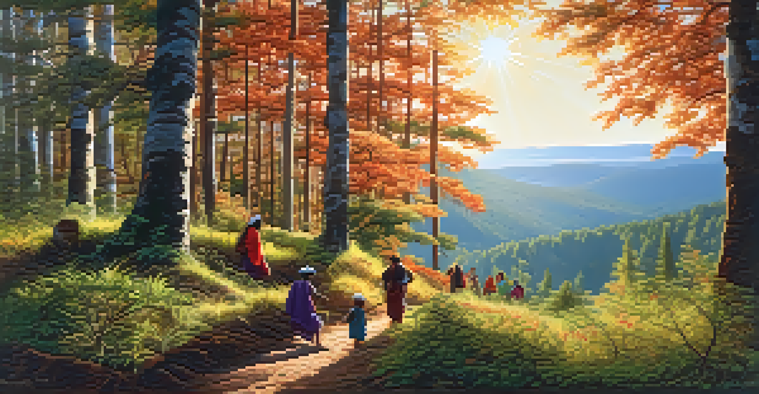 Indigenous individuals foraging for berries in a bright forest during harvest season, with sunlight streaming through the trees, illustrating the cultural connection to nature.