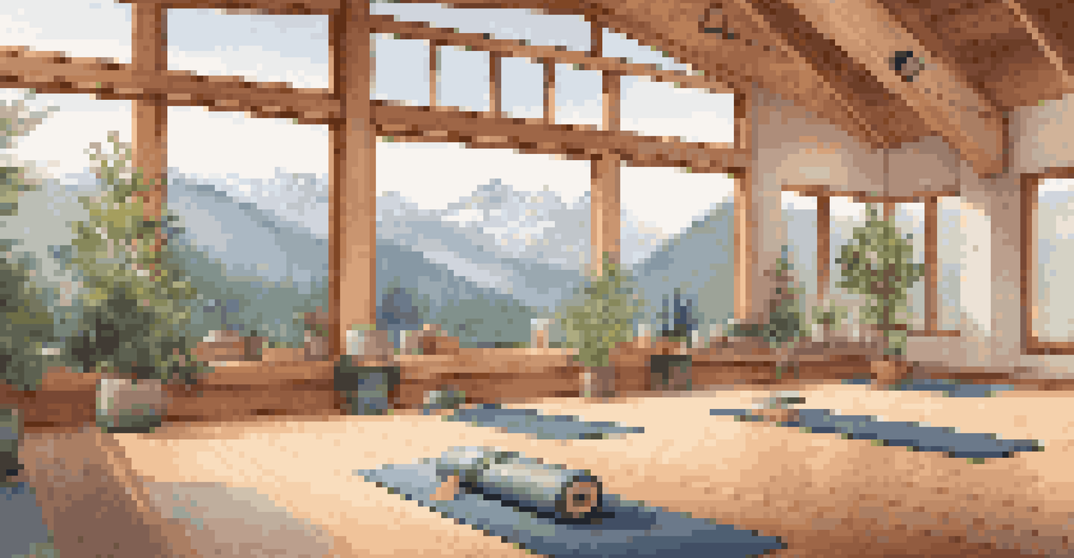 A cozy yoga studio inside a mountain lodge with yoga mats arranged, large windows showing mountain views, and warm lighting creating a peaceful atmosphere.