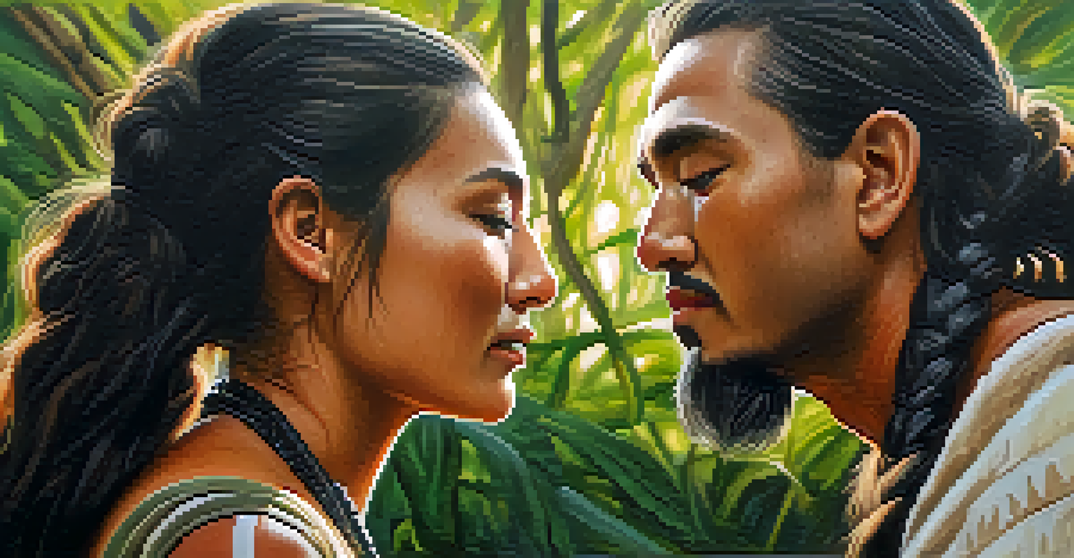 Two Māori individuals performing the hongi greeting in a natural New Zealand landscape.