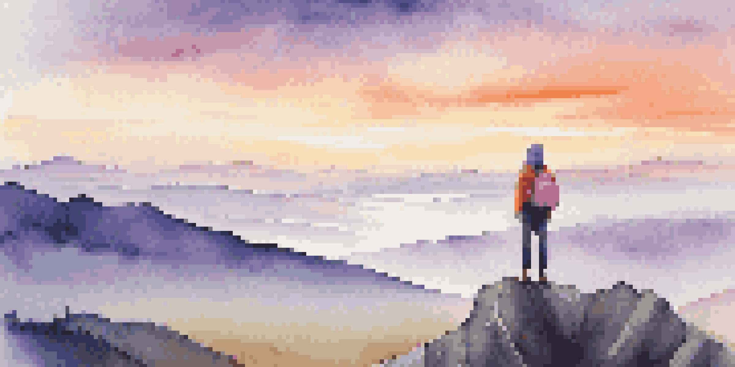 A lone traveler on a mountain peak during sunrise, surrounded by colorful skies and expansive landscapes.