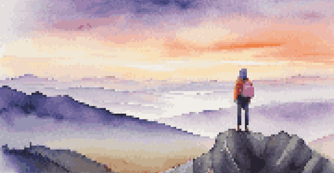 A lone traveler on a mountain peak during sunrise, surrounded by colorful skies and expansive landscapes.