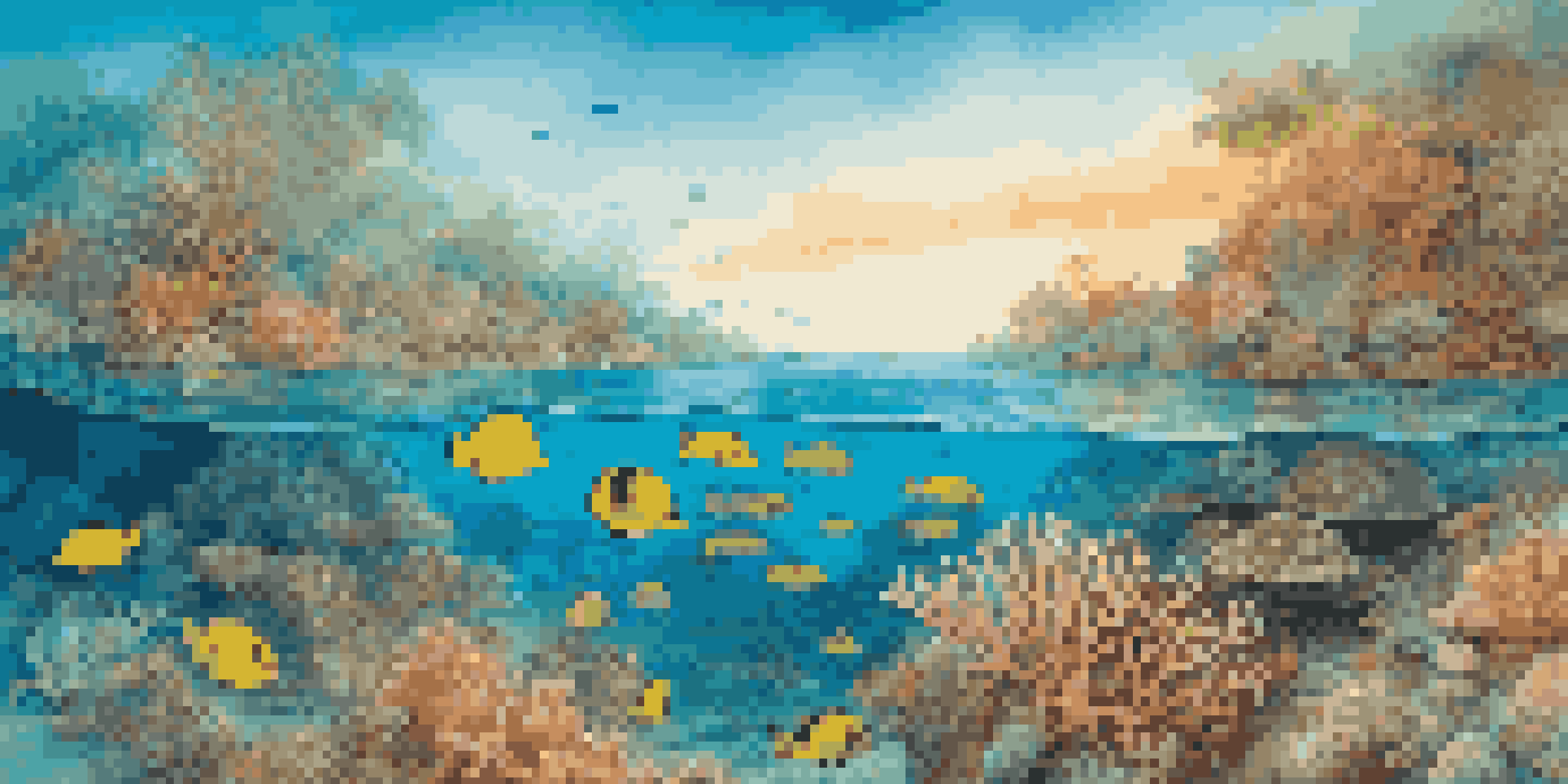 A wide view of the Great Barrier Reef with colorful corals and fish in clear blue water, illuminated by sunlight.