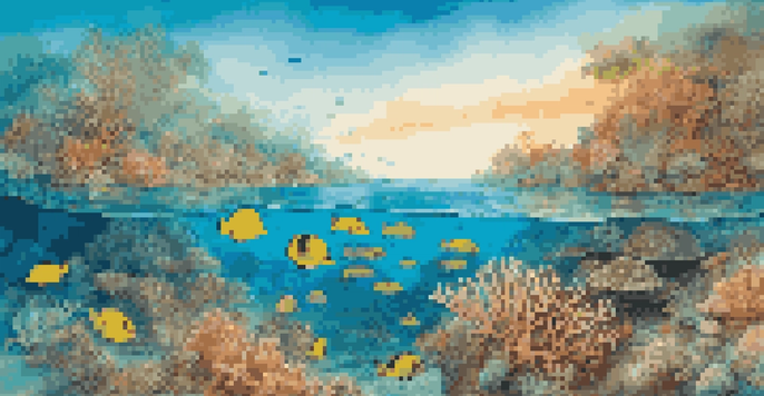 A wide view of the Great Barrier Reef with colorful corals and fish in clear blue water, illuminated by sunlight.