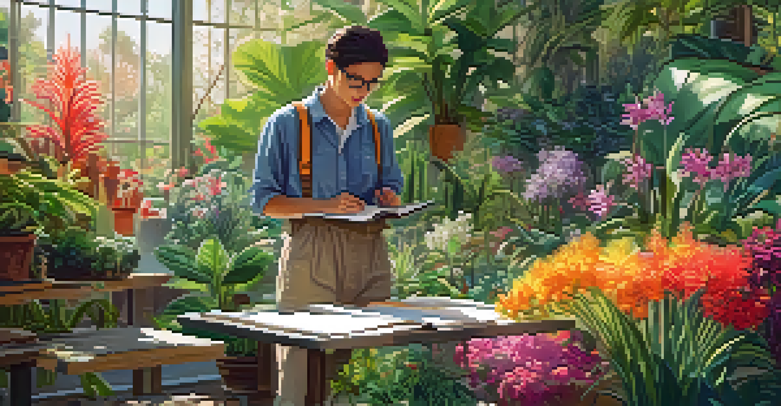 A biology student observing plants in a vibrant botanical garden, surrounded by colorful flowers and greenery.