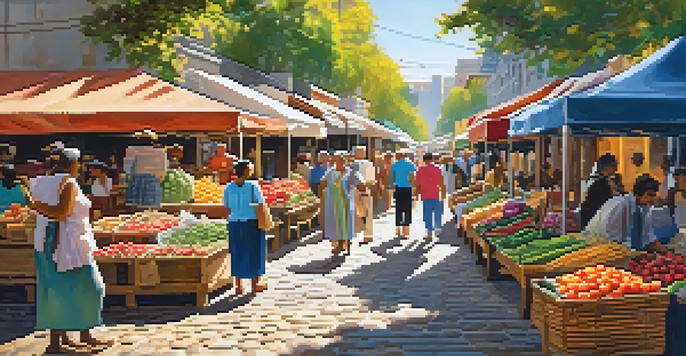 A lively market scene with colorful stalls selling handmade crafts and fresh produce, under bright sunlight and trees.