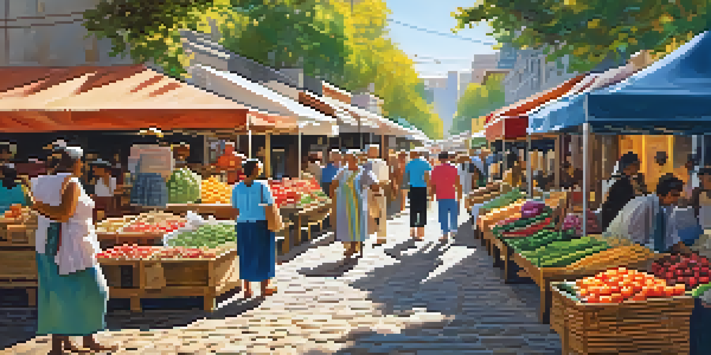 A lively market scene with colorful stalls selling handmade crafts and fresh produce, under bright sunlight and trees.