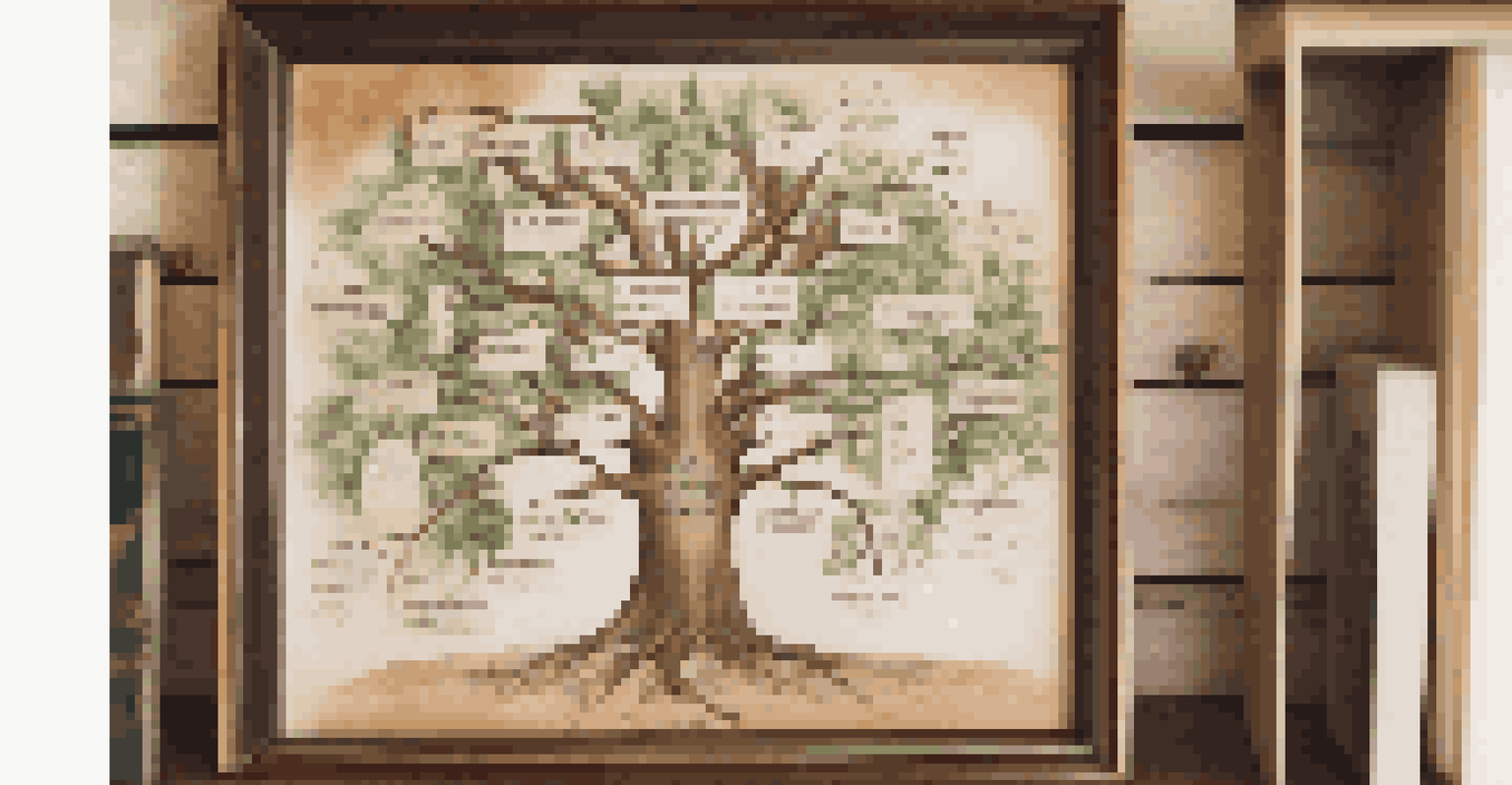 A traditional family tree chart on a wooden table with old photographs and letters, illuminated by natural light.