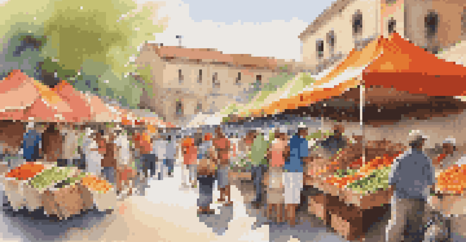 A bustling outdoor market with vendors selling fresh produce and crafts, surrounded by colorful awnings and lively customers.
