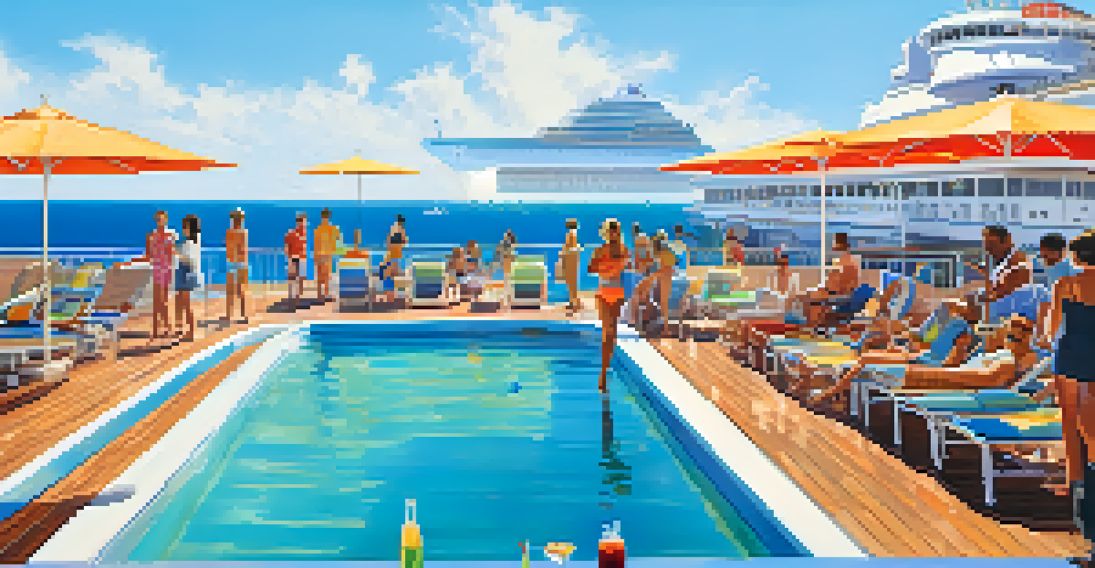 A vibrant cruise ship pool deck full of passengers enjoying the sun, with a sparkling pool and colorful lounge chairs.