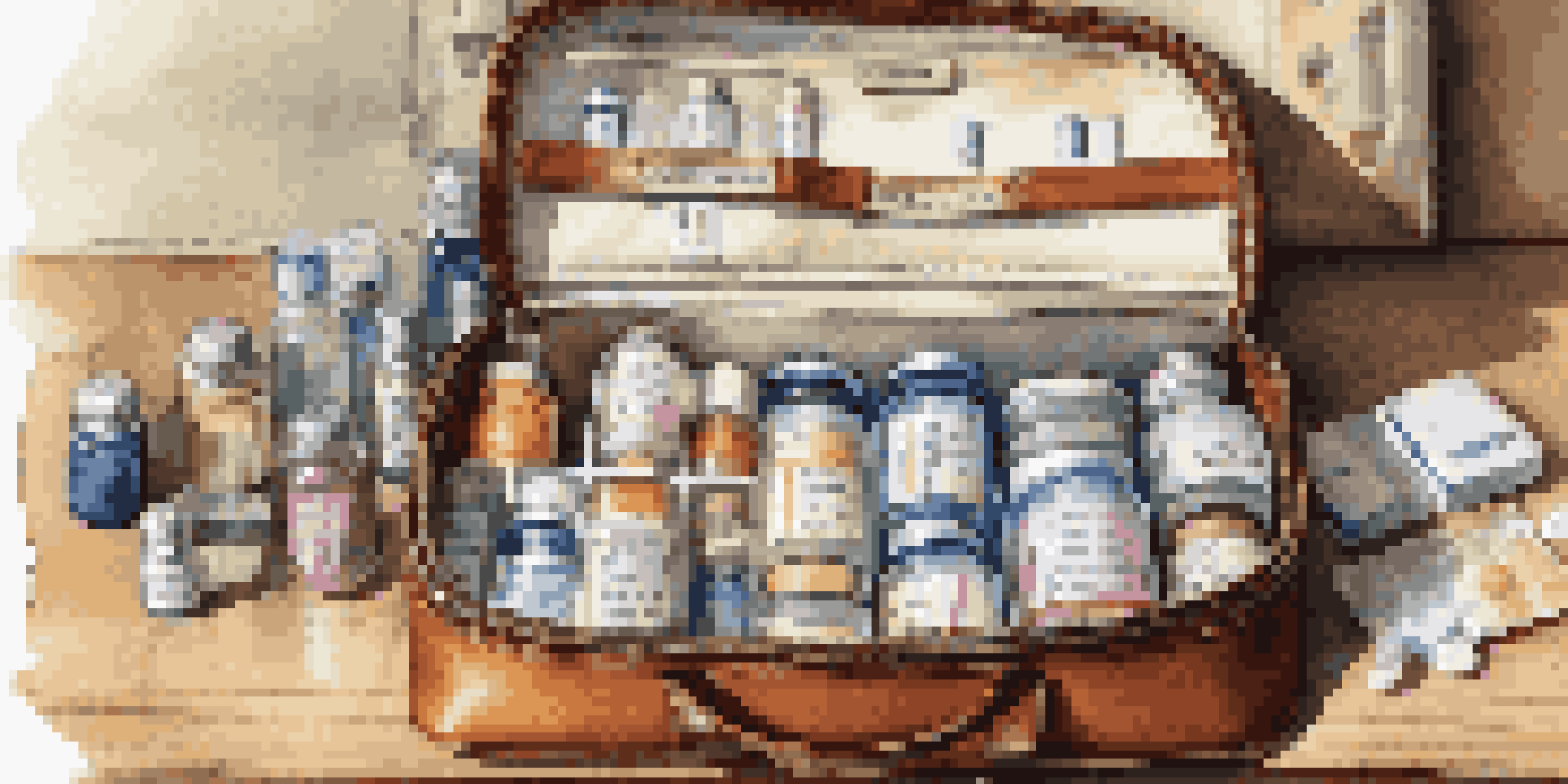 A travel bag opened on a table with a labeled medication organizer and prescription bottles arranged neatly.