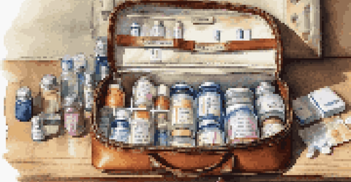A travel bag opened on a table with a labeled medication organizer and prescription bottles arranged neatly.