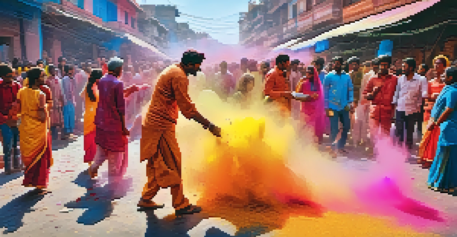 A lively scene of people celebrating Holi in India, throwing colored powders, dressed in traditional clothes, surrounded by bright colors and decorations.