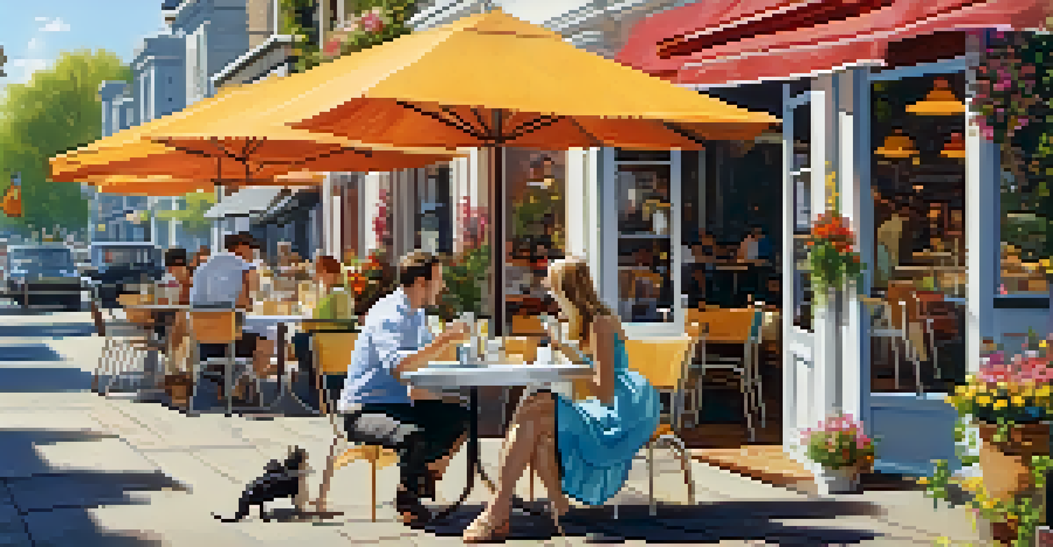 A couple dining at an outdoor café with their happy dog sitting beside them.