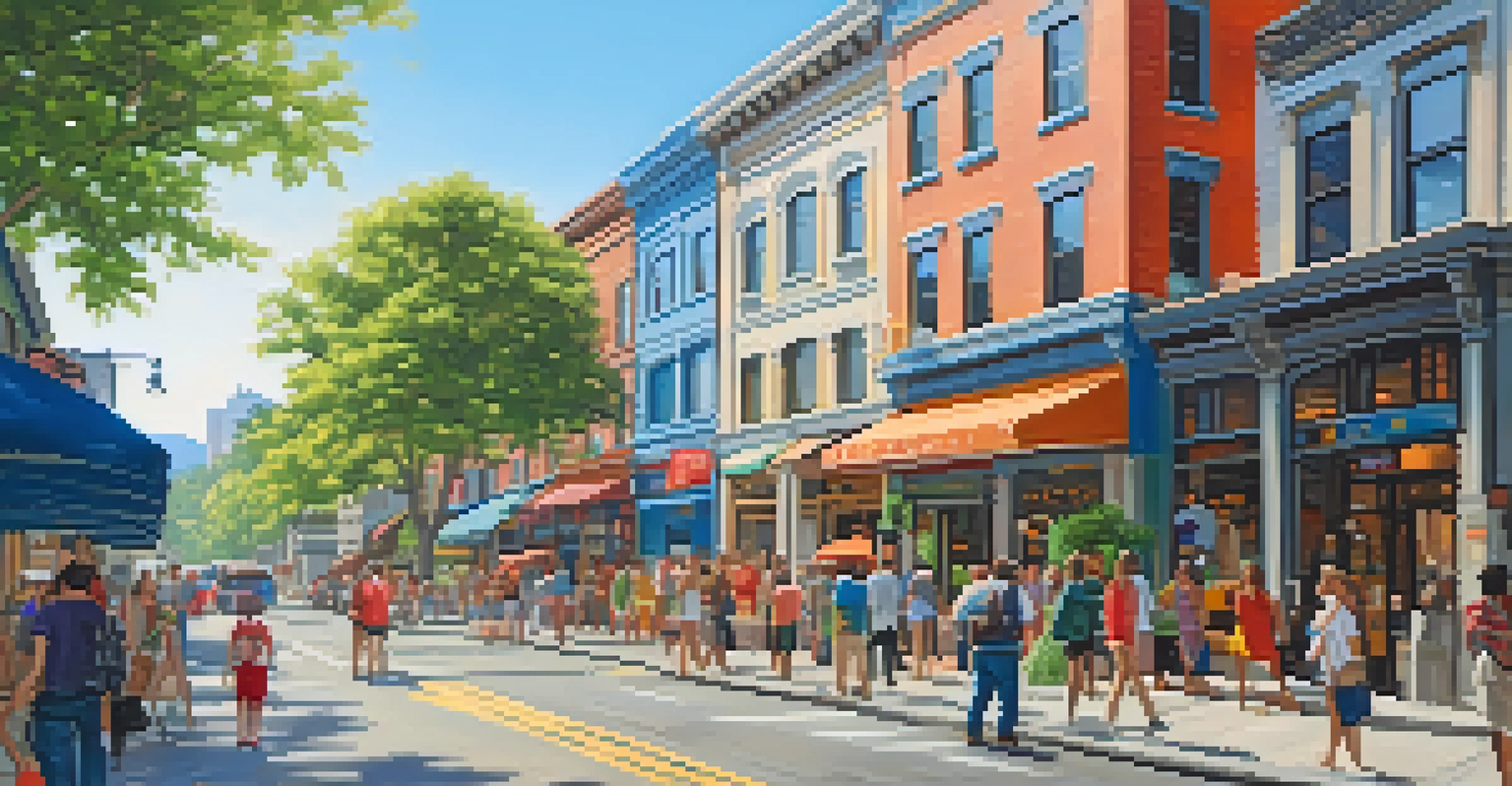 A busy city street with a modern hotel, hostel, and vacation rental, surrounded by colorful stores.