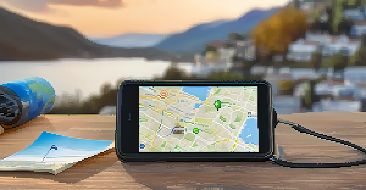 A smartphone on a travel map displaying a landscape photo, with a lightweight camera and notebook nearby.