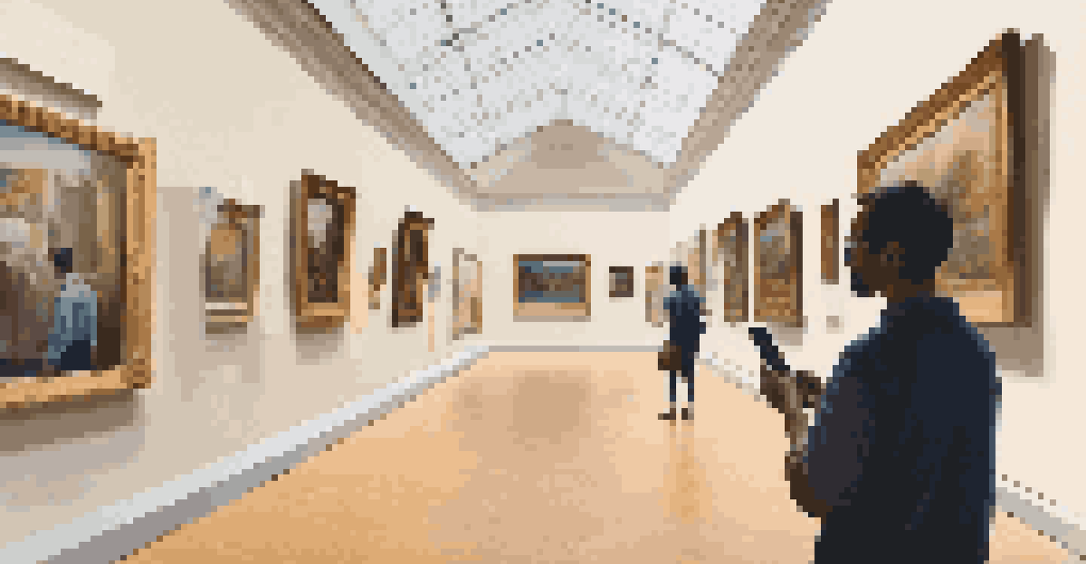 Inside an art museum, a visitor uses a smartphone to see augmented reality content revealing the artist's creative process with animations.
