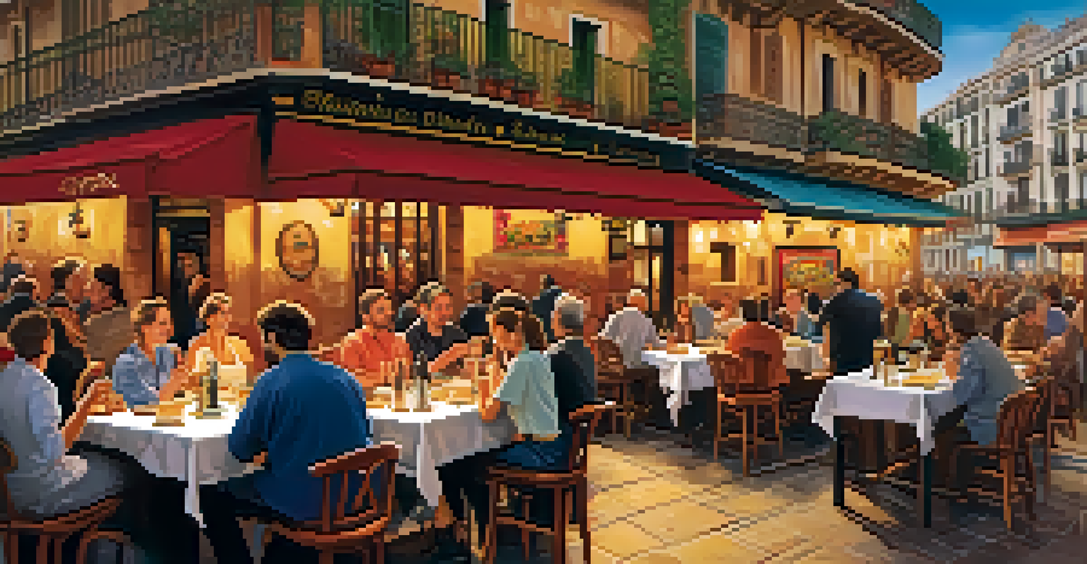 A lively tapas bar in Barcelona with people enjoying their meals and a vibrant atmosphere.