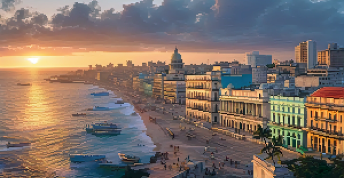 A stunning sunset view of Havana's skyline, showcasing colorful buildings and the Malecón.