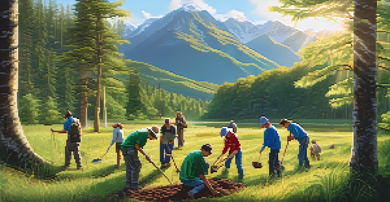 Volunteers planting trees in a national park, surrounded by lush forest and mountains.