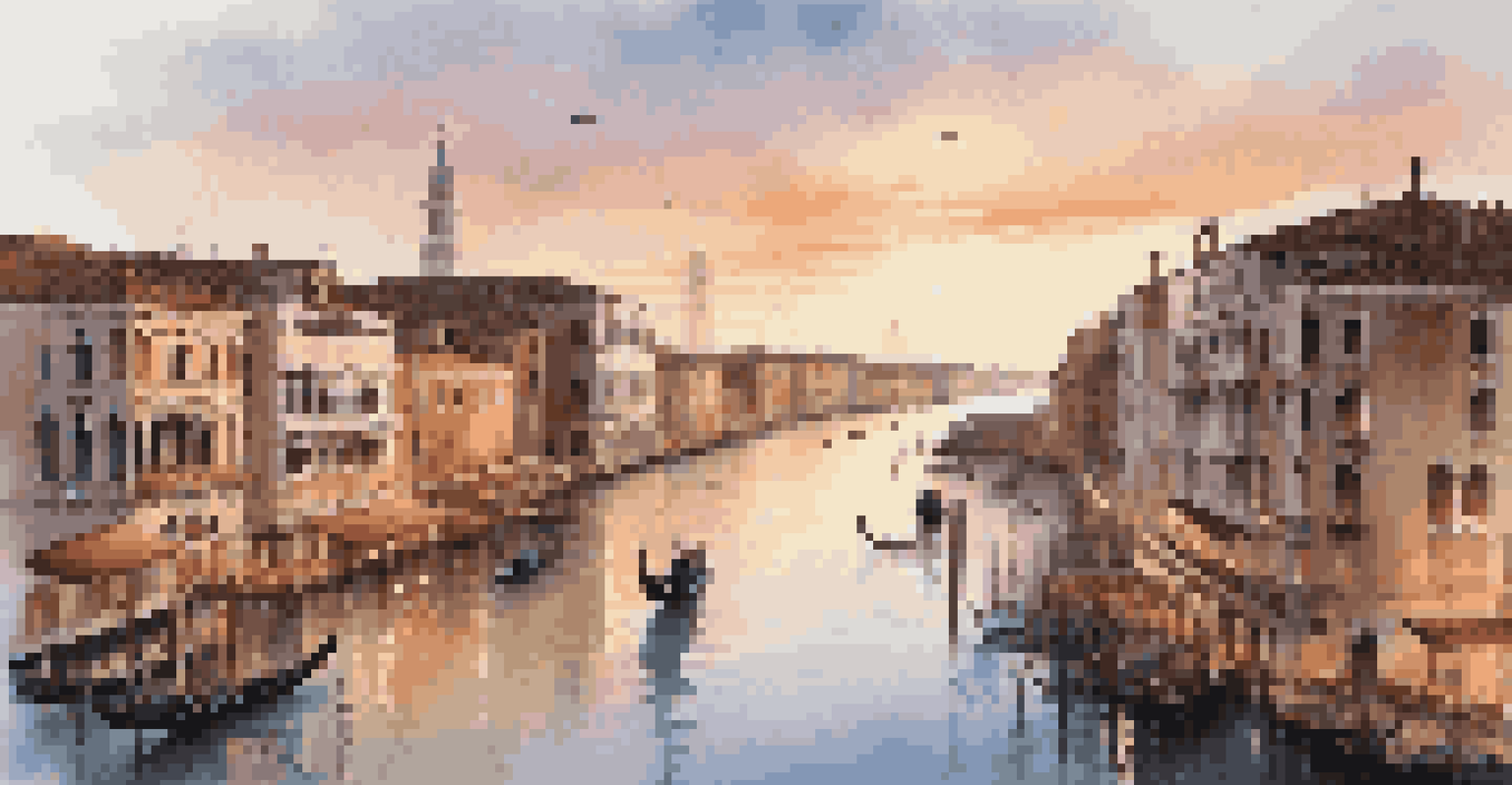 Aerial view of Venice with canals and gondolas at sunrise, showcasing historic buildings and soft pastel colors.