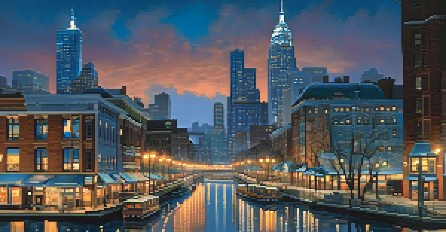 A city skyline at blue hour with illuminated buildings and reflections in the water.