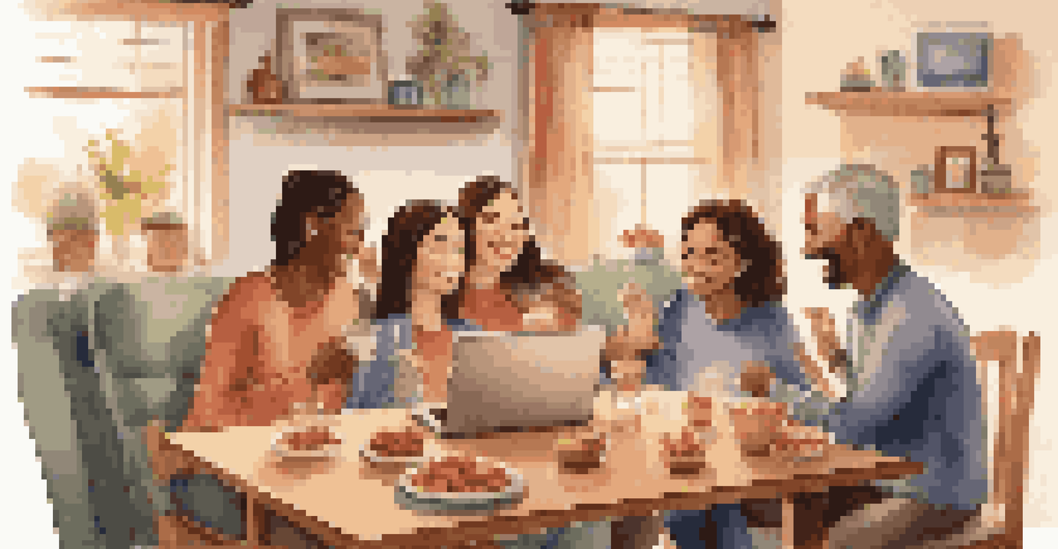 A family gathered around a laptop for a video call during a reunion, smiling and enjoying the moment together.