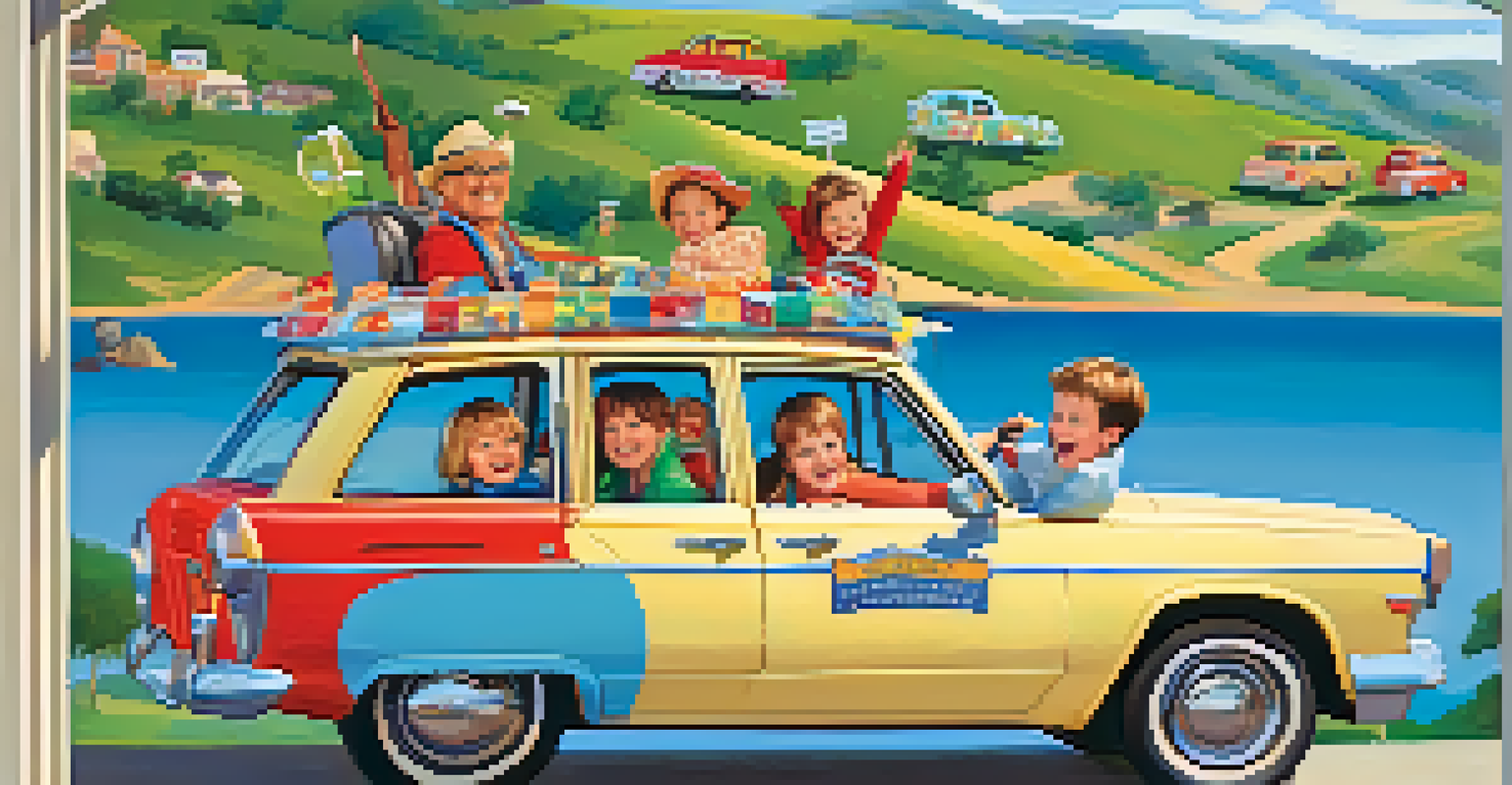 A happy family playing 'I Spy' in a car during a road trip, surrounded by a beautiful landscape.