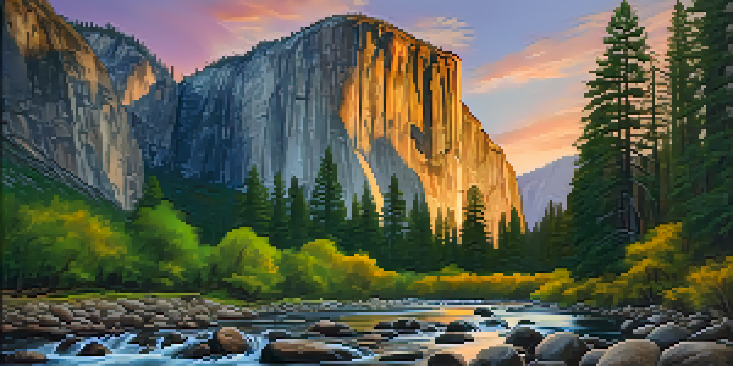 A stunning image of El Capitan in Yosemite National Park during sunset, with vibrant colors and a waterfall.