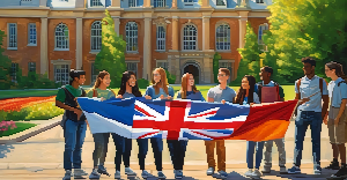 A diverse group of students in front of a historic university building, holding flags of their home countries, smiling in a sunny outdoor setting.