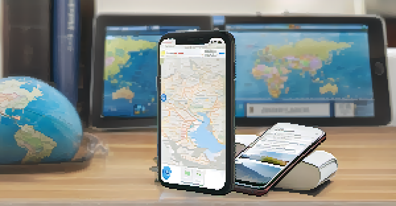 A smartphone showing a world clock app on a stylish desk with a globe and travel journal.