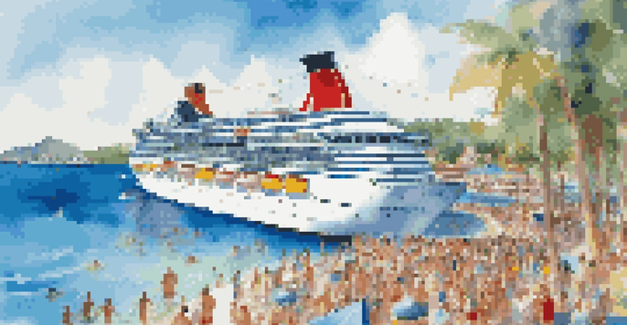 A colorful cruise ship on a sunny day in clear blue waters, with people enjoying various activities on deck.