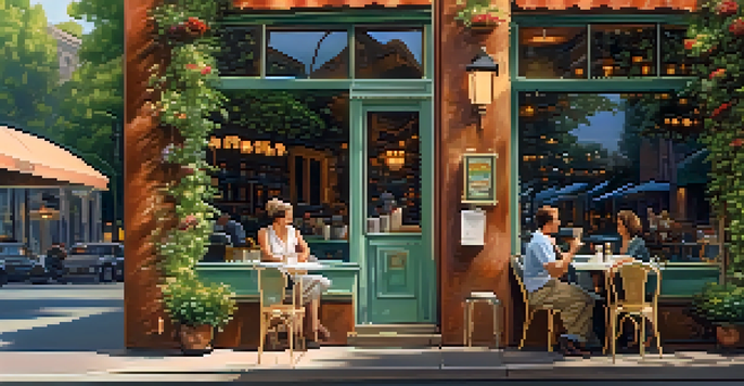 A single diner in a cozy café enjoying a pastry and coffee, with a bustling street view outside.