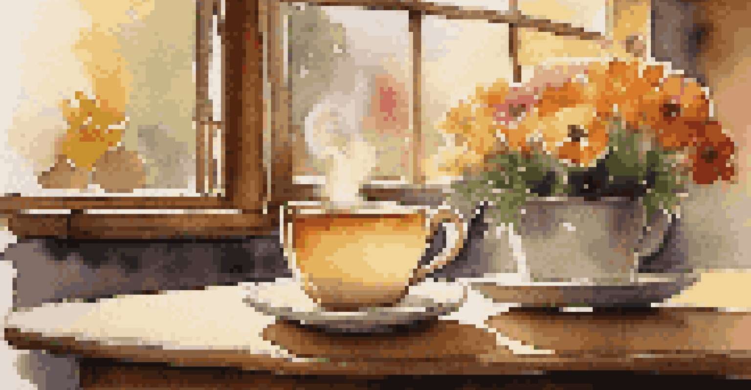 A cozy coffee shop table with a cup of coffee, a pastry, and flowers, illuminated by warm golden light.