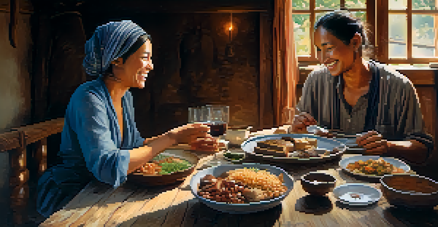 Two individuals from different cultures sharing a meal at a wooden table, smiling and enjoying each other's company, representing cultural exchange.