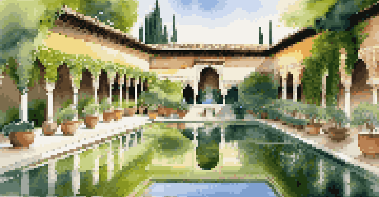A serene reflecting pool in the Alhambra's gardens, surrounded by lush plants and flowers, mirroring the palace's architecture.