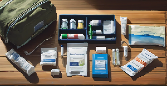 A neatly arranged travel health kit on a table, showcasing various health and hygiene items in labeled pouches.